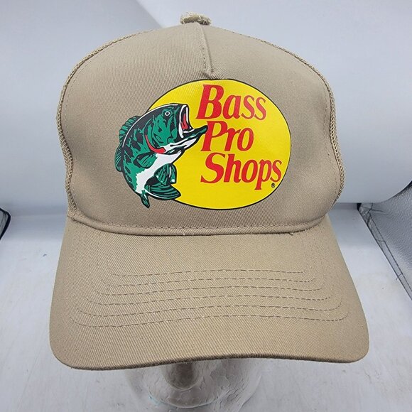 Bass Pro Shops Snapback Trucker Hat Cap Beige Logo Mesh Outdoor Fishing - Picture 1 of 10